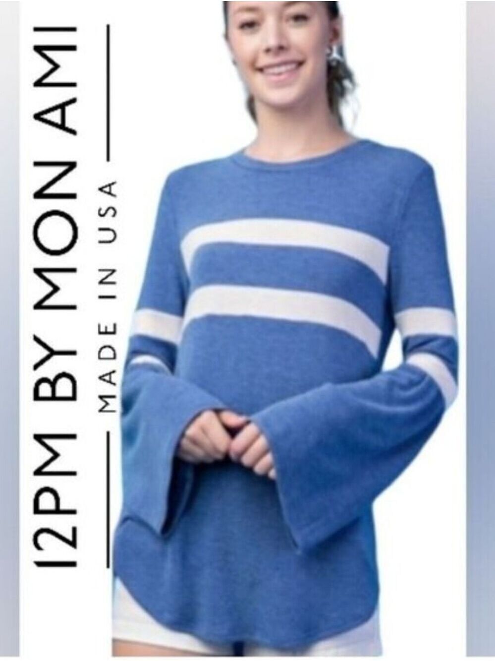 12 PM BY MON AMI Terry Varsity Bell Sleeve Blue & White Sweater Size Large NWT